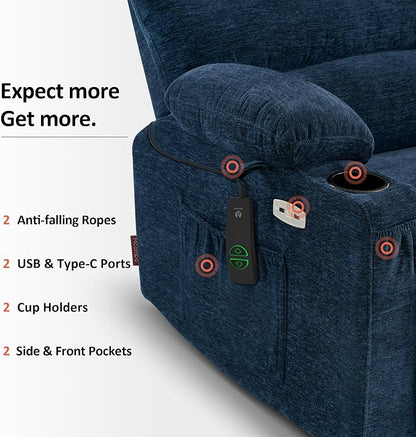 MCombo Oversized Power Lift Recliner Chair for Elderly, Lift Chair with Heat and Massage, Lift Recliner for Big and Tall, Cup Holders, USB & Type C Ports, Fabric R7092 (Navy Blue, Oversize)