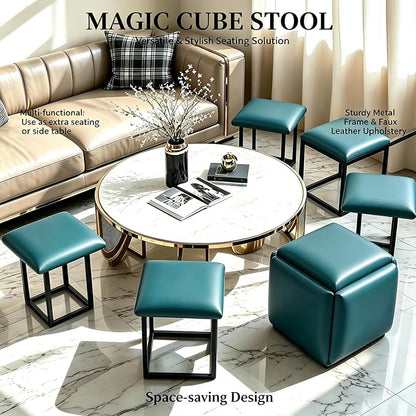 5 in 1 Nesting Ottoman Cube Chair, Stackable Stools, Leather Square Ottoman Bench, Foot Stool with Wheels for Living Room,Dining Room 15.75x15.75x16.54 inches