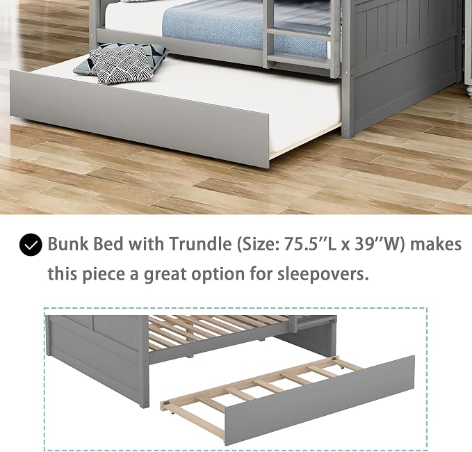 Merax Trundle Bunk Bed, Full Over Full Wood Bunk Bed with Twin Size Trundle, Guardrail and Ladder, Can be Separated into 2 Beds, Grey