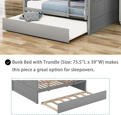 Merax Trundle Bunk Bed, Full Over Full Wood Bunk Bed with Twin Size Trundle, Guardrail and Ladder, Can be Separated into 2 Beds, Grey
