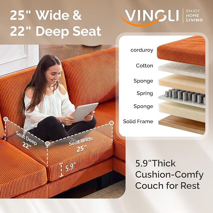 VINGLI 108" W U-Shaped Sectional Couches for Living Room, Sturdy Wooden Armrest Corduroy Cloud Couch with Double Chaise, High Support Modern 4-Seat Sectional Sofa for Apartment, Offices, Orange