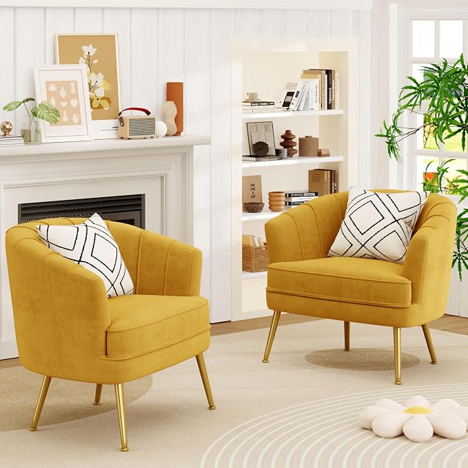 Andeworld Velvet Accent Chair Set of 2, Upholstered Modern Single Sofa Side Chair,Comfy Barrel Club Living Room Armchair with Golden Metal Legs for Bedroom Living Reading Room Office, Yellow