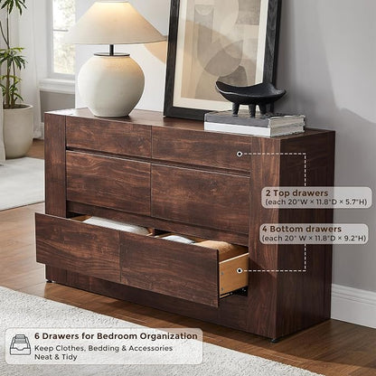 OKD 6 Drawer Dresser for Bedroom, 54" Wide Chest of Drawers with Thick Wood Design, Handleless, Modern Bedroom Dresser, Storage Organizer for Living Room/Entryway/Hallway, Dark Walnut