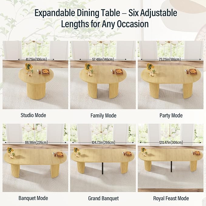 weselon 42"-120" Extendable Dining Table for 4-14, Expandable Oval Dining Room Table with Fluted Pedestal Base & Reinforced Metal Support Leg, Extra Large Modern Kitchen Table (Natural)