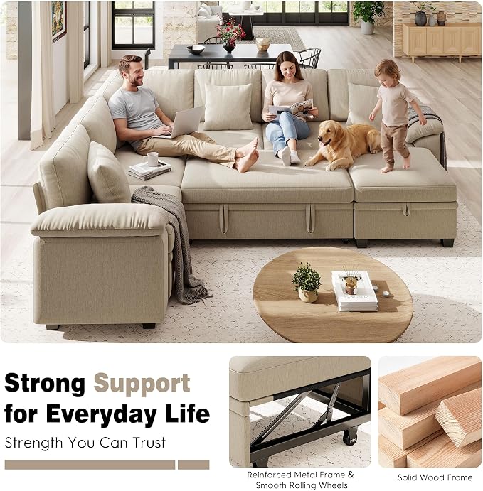 Ihanherry 108" Modular Sectional Sofa with Pull Out Bed, 7-Seater L Shaped Sectional Sleeper Couch with Storage, Chenille Convertible Couches for Living Room, Apartment (Sand)