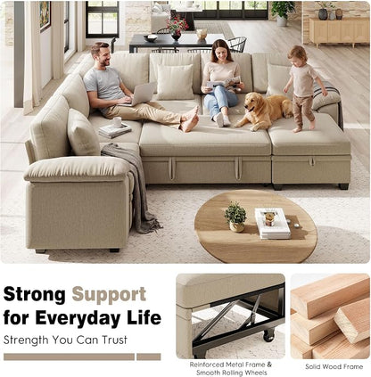 Ihanherry 108" Modular Sectional Sofa with Pull Out Bed, 7-Seater L Shaped Sectional Sleeper Couch with Storage, Chenille Convertible Couches for Living Room, Apartment (Sand)