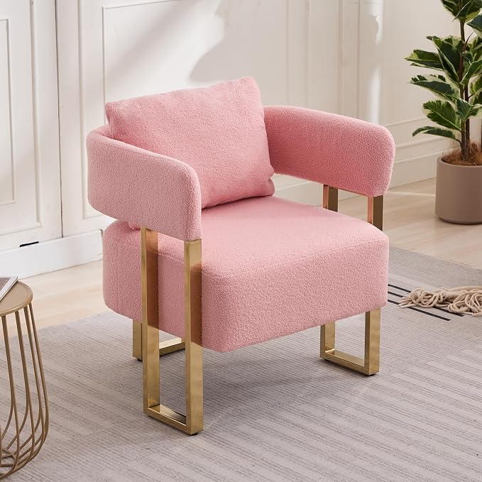 YISHENG Modern Barrel Accent Chairs Set of 2, Living Room Side Chairs with Golden Metal Legs Soft Upholstered Reading Armchairs no Wheels for Vanity/Reception Room/Bedroom/Lounge/Office,（Pink Teddy）
