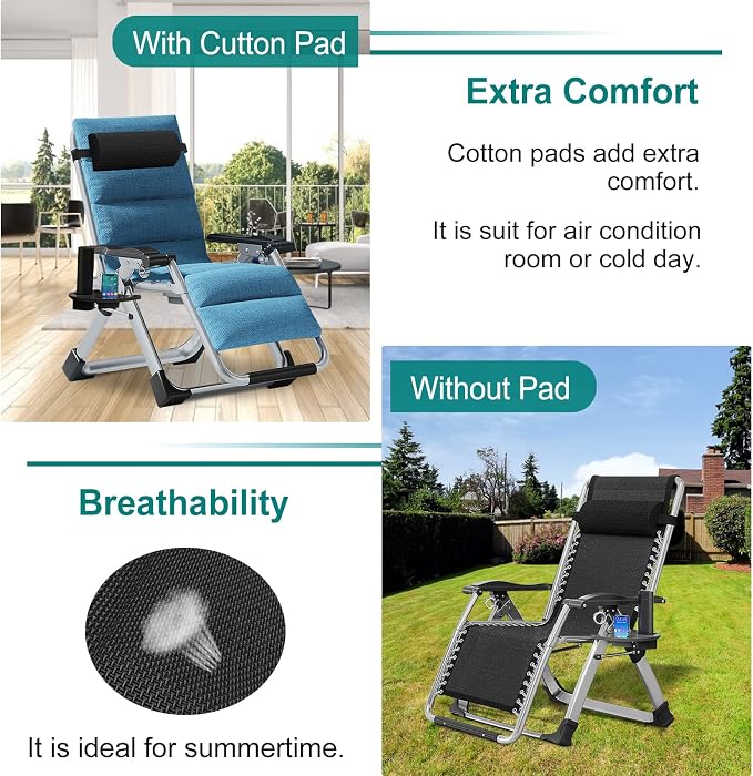 DoCred Zero Gravity Chair, Lawn Recliner, Reclining Patio Lounger Chair, Folding Portable Chaise with Detachable Headrest and Cup Holder