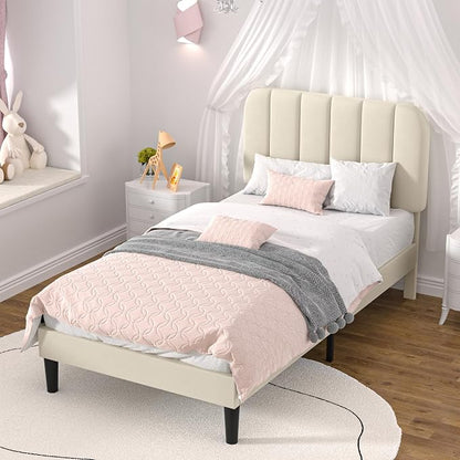 VECELO Twin Size Bed Frame with Upholstered Headboard, Velvet Platform Bedframe Mattress Foundation, Strong Wood Slat Support, No Box Spring Needed,Bone Beige