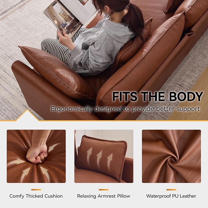 137'' V Shaped Cloud Sectional Sofa, Oversized Deep Seat Leather Couches for Living Room, Comfy Upholstered Modular Sectional Sofa Couch, Leather Brown