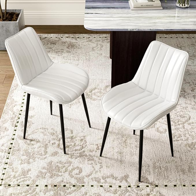 VECELO Dining Chairs Set of 2, Vegan Leather Fabric & Metal Frame, Mordern Style for Kitchen, Living Room,Offcie, White