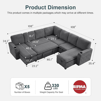 Oversized Sectional Sleeper Sofa with Pull Out Bed, Plush Corduroy 9 Seat Modular Sofa with Storage Chaise and Adjustable Backrest, Cloud Couches for Living Room, Apartment, Light Grey