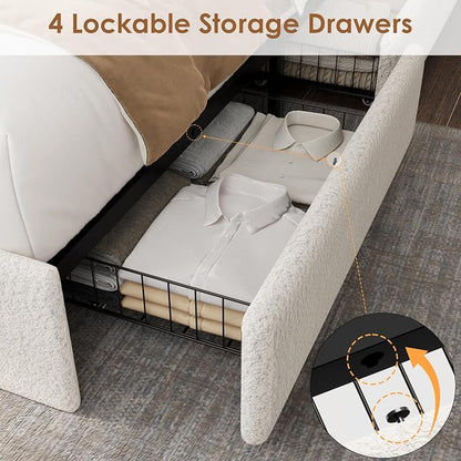 Queen LED Bed Frame with 4 Storage Drawers and Storage Headboard, Soft Boucle Upholstered Platform Bed Frame with Charging Station and USB Ports, Solid Wood Slats Support, No Box Spring Needed, White