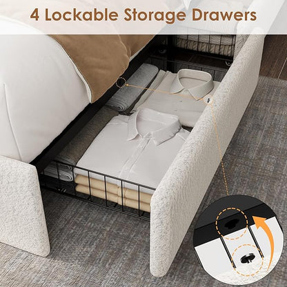 Full LED Bed Frame with 4 Storage Drawers and Storage Headboard, Soft Boucle Upholstered Platform Bed Frame with Charging Station and USB Ports, Solid Wood Slats Support, No Box Spring Needed, White