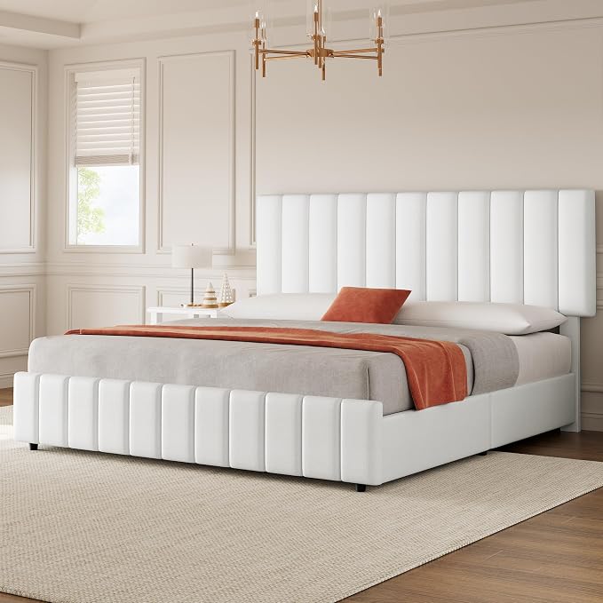 IDEALHOUSE Queen Size Bed Frame with 4 Storage Drawers, PU Leather Upholstered Platform Bed Frame, Adjustable Height Headboard, No Box Spring Needed, Easy to Assembly, White