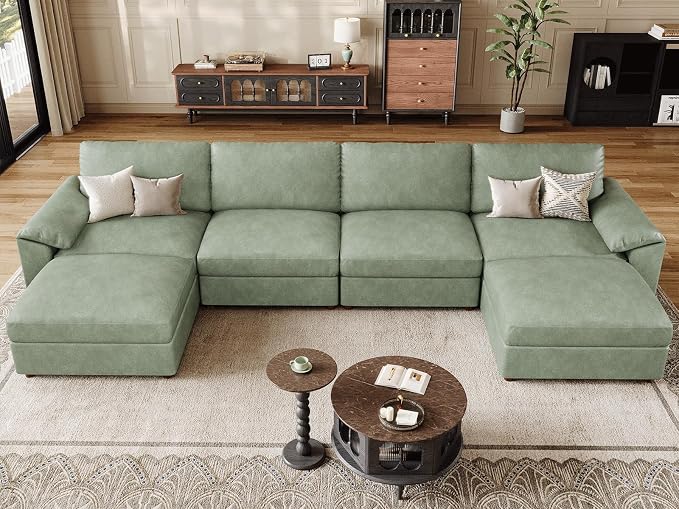 EASE MOOSE Oversized Modular Sectional Sofa,Leather Sectional Couch with Deep Seat, Classic Extra Large U Shaped Couch,Faux Leather Material Sofa Comfy Scratch Resistant for Living Room,Green