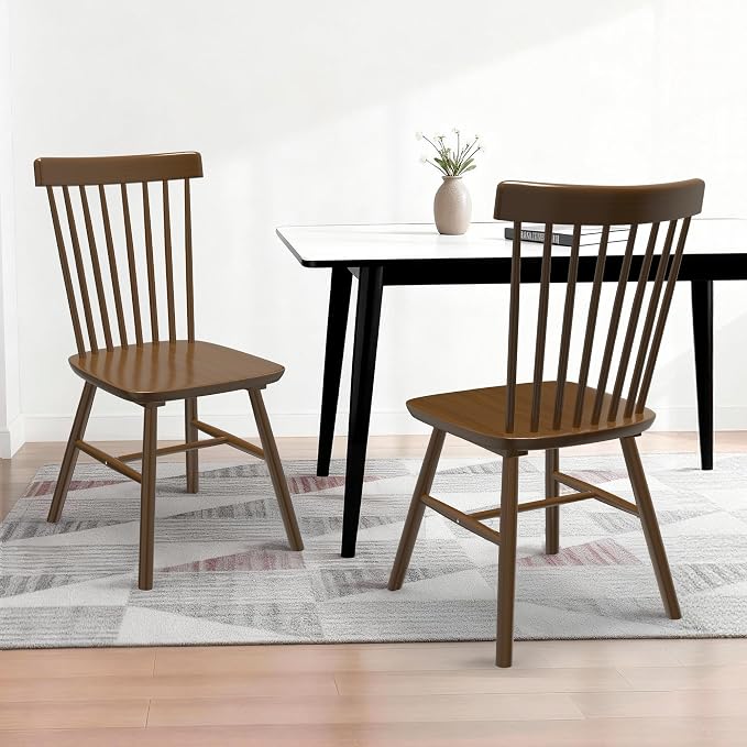 AreShark Windsor Dining Chairs, Farmhouse Wooden Dining Room Chairs, Solid Wood Kitchen Chairs with Spindle Back Set of 6, Walnut