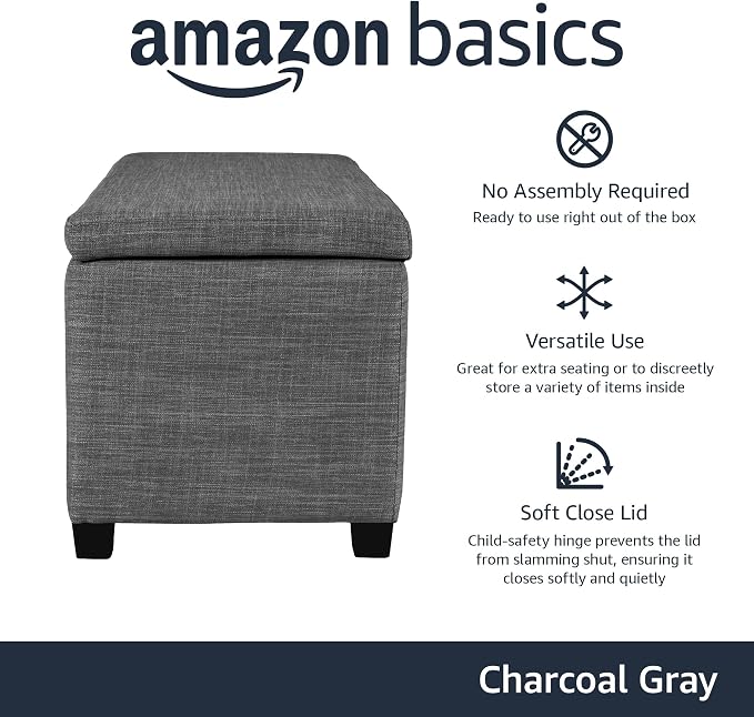 Amazon Basics Upholstered Storage Ottoman Bench with Soft Close Lid, Child-Safety Hinge, 35.5"W x 16.5"D x 17"H, Charcoal Gray