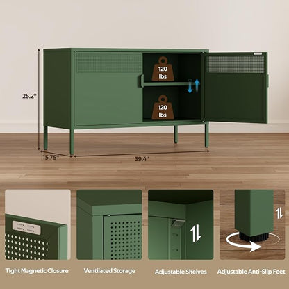 Green 25" H Metal Storage Cabinet with Adjustable Shelf, 2 Door Accent Cabinet, 2-Tier Low Cabinet with Vent Hole, TV Stand for Entryway, Home Office, Music Studio