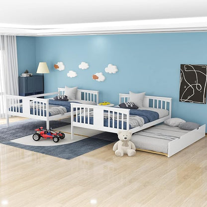 Merax Full Over Full Bunk Bed with Trundle, Convertible to Two Separate Beds, Solid Pine Wood Frame with Safety Guardrail & Headboard/Footboard, Sturdy Durable Design, No Box Spring Needed, White