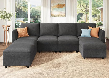 HONBAY Modular Sofa U Shaped Sectional Couch with Storage, Convertible Modular Sofa 7 Seats Sectional for Living Room - Snowflake Velvet Grey