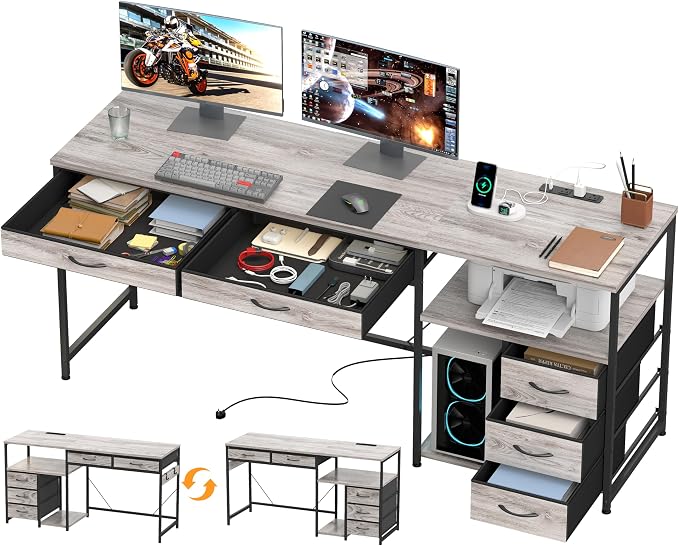 YOSHOOT 60" Computer Desk with 5 Fabric Drawers, Gaming Desk Table | Desk with Storage and Power Outlets, for Adults and Teenagers Working Writing Study, Grey