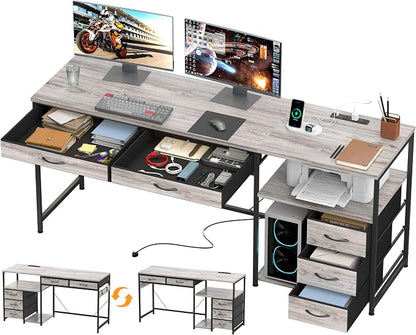 YOSHOOT 60" Computer Desk with 5 Fabric Drawers, Gaming Desk Table | Desk with Storage and Power Outlets, for Adults and Teenagers Working Writing Study, Grey