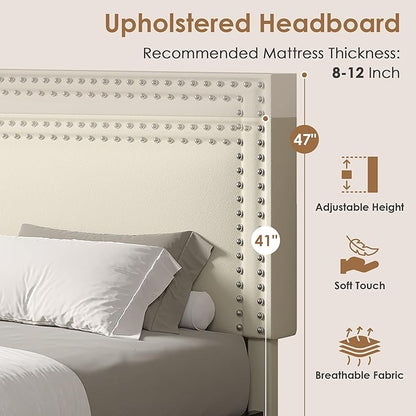 VECELO Full Size Upholstered Bed Frame with 4 Storage Drawers, Adjustable Velvet Rivet Decor Headboard, Wooden Slats Platform Support, No Box Spring Needed, Easy Assembly,Beige