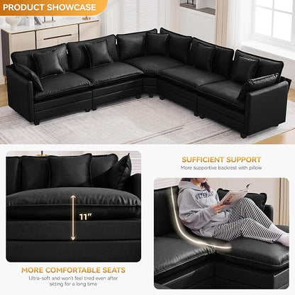137'' V Shaped Cloud Sectional Sofa, Oversized Deep Seat Leather Couches for Living Room, Comfy Upholstered Modular Sectional Sofa Couch, Leather Black