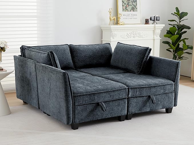 ORRD Sleeper Modular Sectional Sofa Set, Convertible Couch Bed with Storage, 4 Seater and 4 Armrestes Sofa Modular for Living Room, Office (Blue Grey)