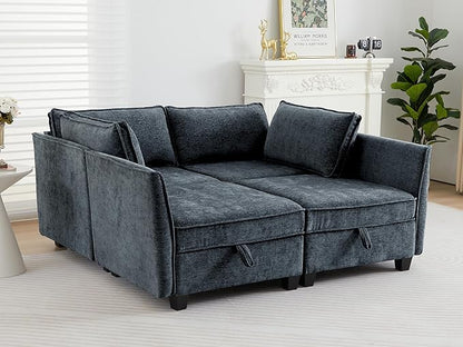 ORRD Sleeper Modular Sectional Sofa Set, Convertible Couch Bed with Storage, 4 Seater and 4 Armrestes Sofa Modular for Living Room, Office (Blue Grey)