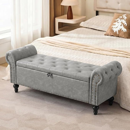 51" Storage Bench for Bedroom, Upholstered Ottoman Bench, Leather LightGray | End of Bed Bench for Bedroom, Window Benches for Living Room, Entryway, Ottoman with Large Storage Space, Pet Friendly