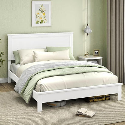 Giantex Wood Queen Platform Bed Frame with Headboard, Mid Century Bed Frame with Solid Wood Legs & Wooden Slat Support, No Box Spring Needed, White Bed