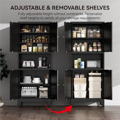 COFaR 69" Tall Modern Kitchen Pantry,Metal Storage Cabinet with Adjustable Shelves,Pantry Cabinet with 6-Tier,Freestanding Cupboard for Kitchen,Dining Room,Living Room,Bathroom,Black