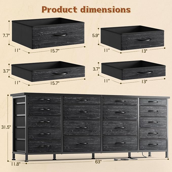 EnHomee 63" W Black TV Stand for Living Room, 18 Drawers, LED & Charging | Long Dresser for 65"-75" TV, Deep Drawer, Spacious Storage, Drawers Glide, No Wobbling, Anti-tip, Easy Assembly, Wipes Clean