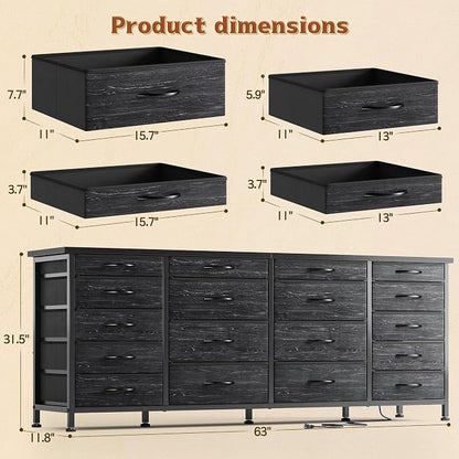 EnHomee 63" W Black TV Stand for Living Room, 18 Drawers, LED & Charging | Long Dresser for 65"-75" TV, Deep Drawer, Spacious Storage, Drawers Glide, No Wobbling, Anti-tip, Easy Assembly, Wipes Clean