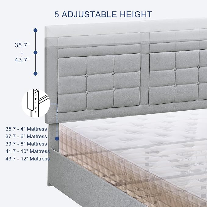 VECELO Full Size Bed Frame with 4 Drawers, Adjustable Tufted Button Headboard, Upholstered Platform with Wood Slats Support, Built-in USB and Type C Ports, Light Grey