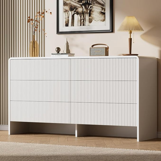 Furniway 55" Wide Modern Dresser for Bedroom, 6 Drawer Chest of Drawers with Curved Design, Push-to-Open Storage Dresser, White