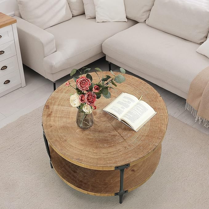 Awescuti Round Boho Wood Coffee Table - 29.1" Farmhouse Natural Circle Wooden 2-Tier Coffee Tables Living Room Furniture, 29.1" D x 18.3" H, Natural Wood Color