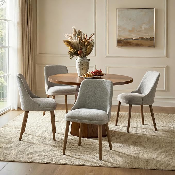 Upholstered Dining Chairs Set of 4, Fabric Dining Room Chairs with Curved Backrest, Solid Wood Legs, Modern Kitchen Chairs for Dining Room Living Room, Grey