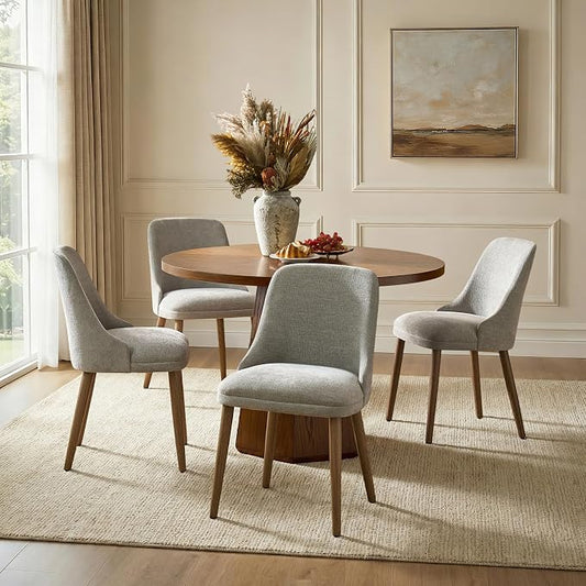 Upholstered Dining Chairs Set of 4, Fabric Dining Room Chairs with Curved Backrest, Solid Wood Legs, Modern Kitchen Chairs for Dining Room Living Room, Grey