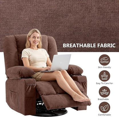 Swivel Rocker Recliner Chair with Vibration Massage and Heat Ergonomic Lounge Chair for Living Room with Rocking Function and Side Pocket, 2 Cup Holders, USB Charge Port
