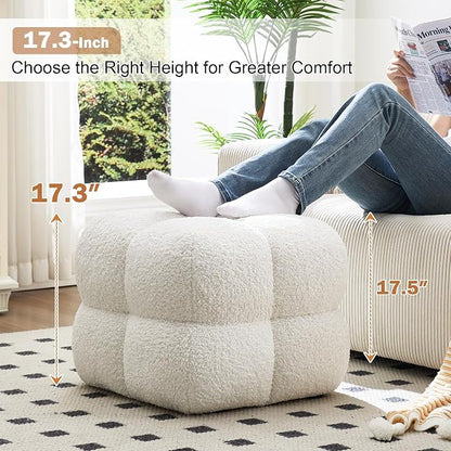 Zesthouse Square Pouf Ottoman Footstool, Modern Backless Vanity Chair for Bedroom, White Fuzzy Foot Rest for Couch, Upholstered Tufted Footstool, Sherpa Fabric Ottoman Coffee Table for Living Room