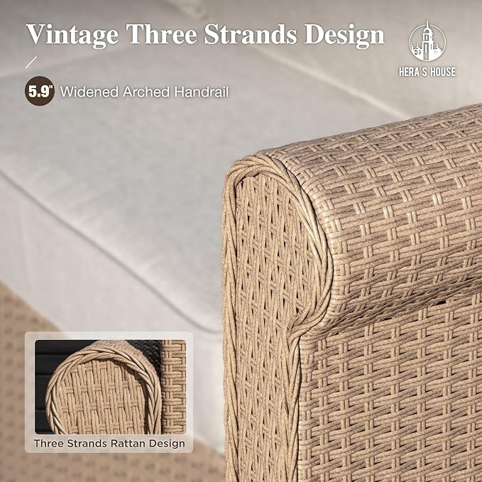 HERA'S HOUSE Patio Furniture Set, 4 x Cushioned Chairs, 3-Seat Sofa with Wood Grain Coffee Table, 5 Seats Luxury Windsor Style All Weahter Outdoor Sofa Conversation Set for Deck Lawn Backyard