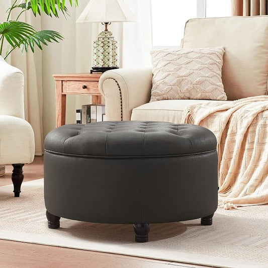 30-Inch Round Storage Ottoman, Button Tufted Ottoman Coffee Table with Removable Top for Living Room, Bedroom, Office (Black)