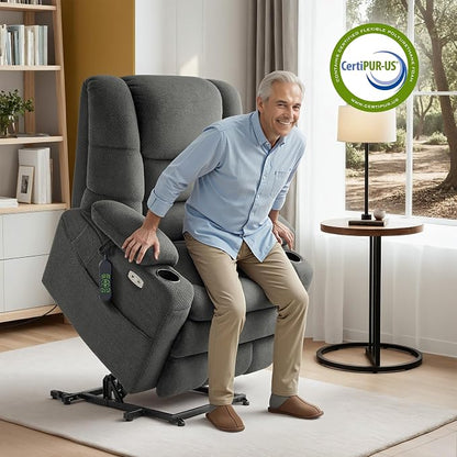 MCombo Big Man Power Lay Flat Lift Chair, Triple Motor Power Lift Recliner with Massage & Dual Heating, Adjustable Headrest, Fabric R7524 (Grey, Medium-Wide)