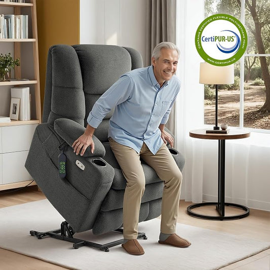 MCombo Big Man Power Lay Flat Lift Chair, Triple Motor Power Lift Recliner with Massage & Dual Heating, Adjustable Headrest, Fabric R7524 (Grey, Medium-Wide)