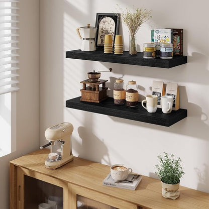 Fun Memories Floating Shelves for Wall, 32 Inch Long Floating Shelves Set of 3, 32 x 10 Wooden Shelves for Wall, Large Storage Shelves, Hanging Shelves for Bathroom Kitchen Bedroom, Black
