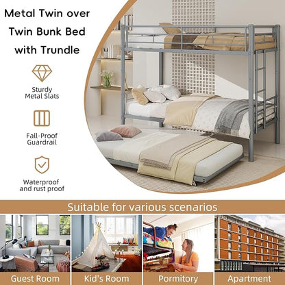 3-Way Convertible Twin over Twin Bunk Bed with Trundle, Metal Low Bunkbed for Kids Boys Girls, Guardrail & Ladders, Heavy Duty, No Box Spring Needed, Space-Saving, Easy Assembly (Silver, With Trundle)