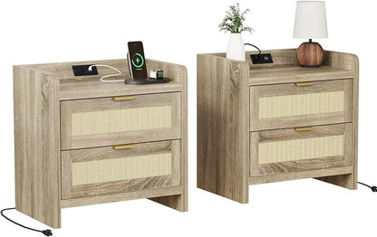 Luoxiao Nightstand Set of 2 with Charging Station - 4 Outlets & 4 USB Ports, Rattan Drawers Side Table, Boho Wood Bedside Tables End Table for Bedroom, Small Space, Easy Assembly (15.4"x23.6"x21.5")